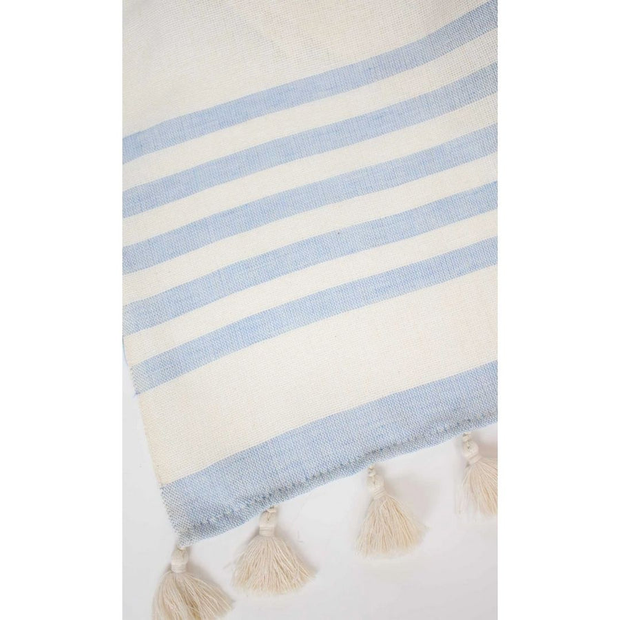 Table Runner with Bicolor Thin Stripes with Pom Poms