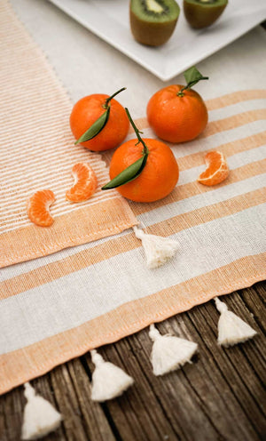 Table Runner with Bicolor Thin Stripes with Pom Poms