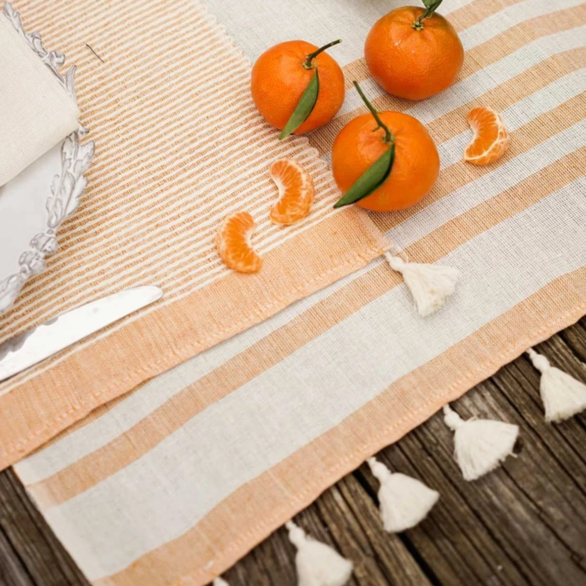 Table Runner with Bicolor Thin Stripes with Pom Poms